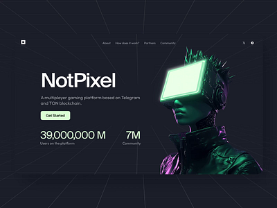 Web3 Gaming Platform based on Telegram and TON Blockchain 2049 ai design blockchain crypto crypto wallet cyberpunk futuristic gaming landing page modern ui neon design notpixel start up telegram telegram app token ton ui web3 web3 app