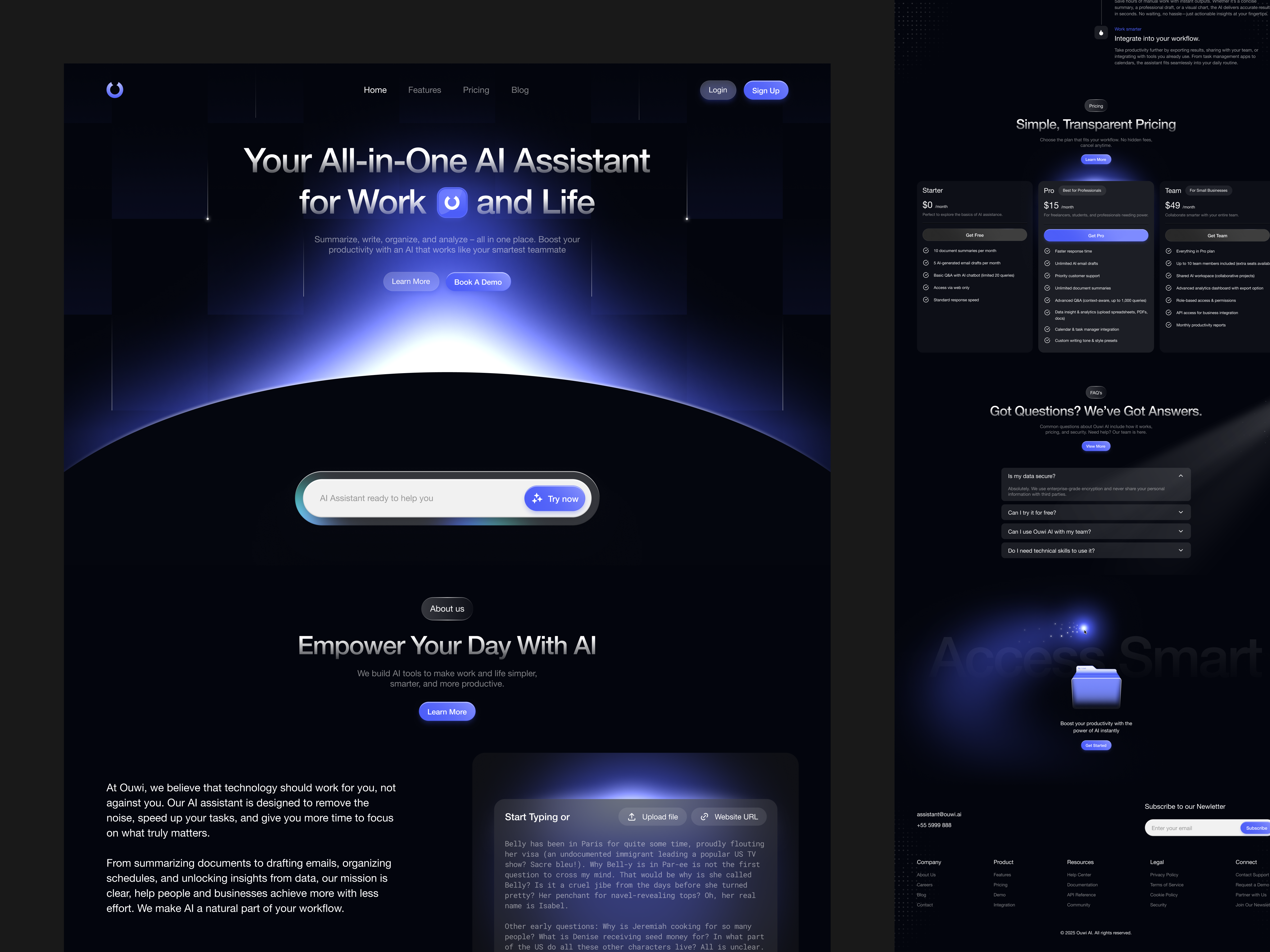 Ouwi - AI Universal Assistant ai ai assistant ai saas ai summarizer artificial intelligence dark mode data visualization digital assistant landing page modern productivity app saas saas design smart insights summarize task management tech startup web app website workflow app