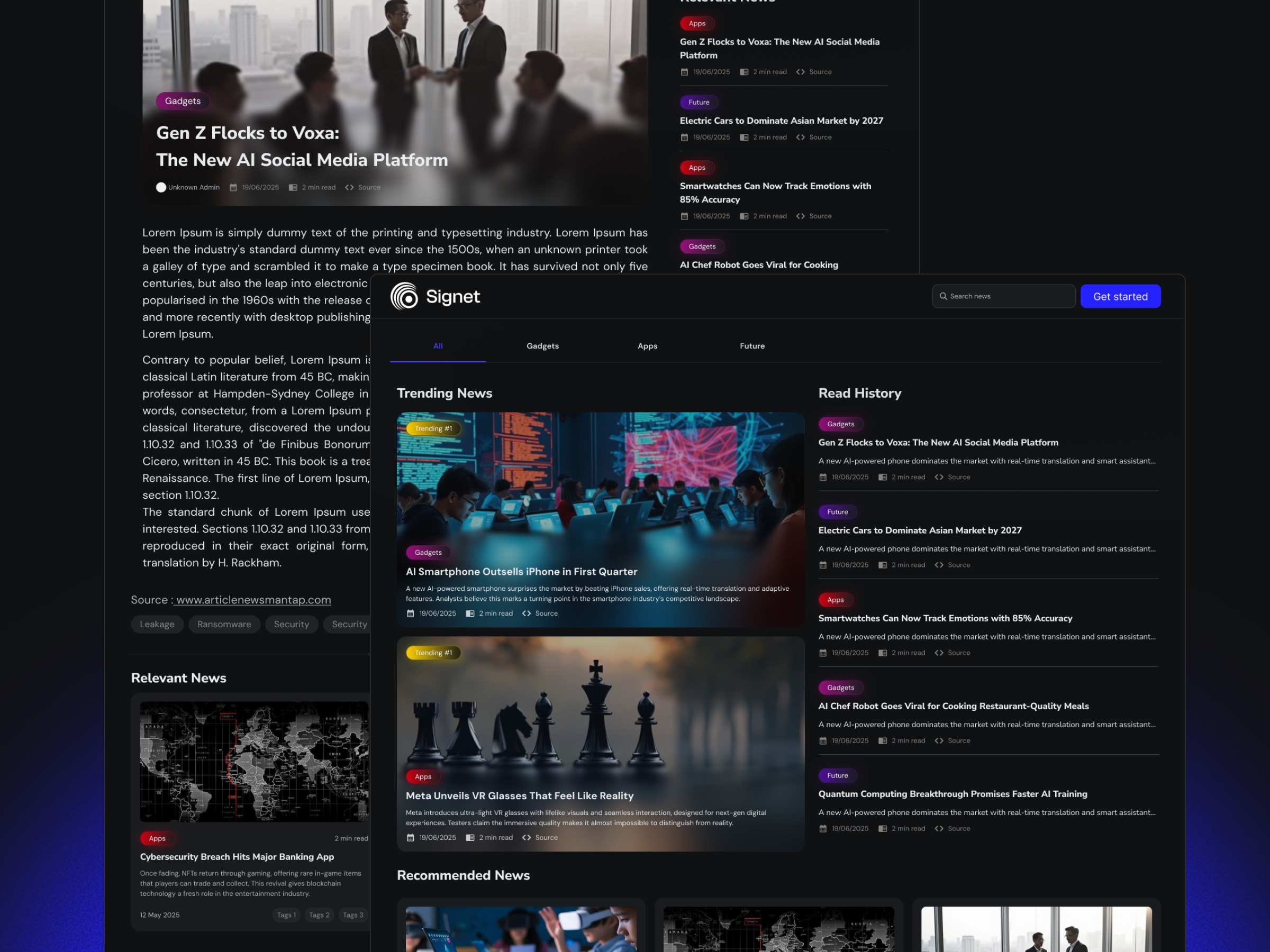Signet Dashboard News Article UI Design app application article dashboard desktop it landingpage mobile news saas technology ui uiux ux website