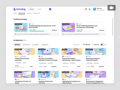 Trenning – Learner Platform: Training Access & Issue Reporting animation b2b course dashboard education education platform knowledge base learning learning management system lms online course overview product design saas saas design student training ui ux web design