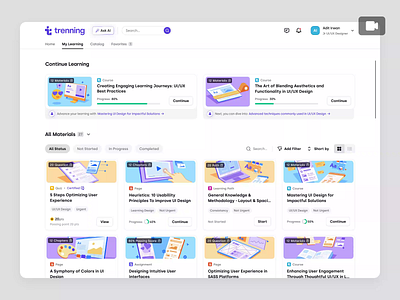 Trenning – Learner Platform: Training Access & Issue Reporting animation b2b course dashboard education education platform knowledge base learning learning management system lms online course overview product design saas saas design student training ui ux web design