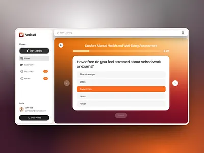 Veda AI: Interactive Mental Health Assessment 3d branding classroom dashboard graphic design hero section questions quiz quiz interface ui vedaai