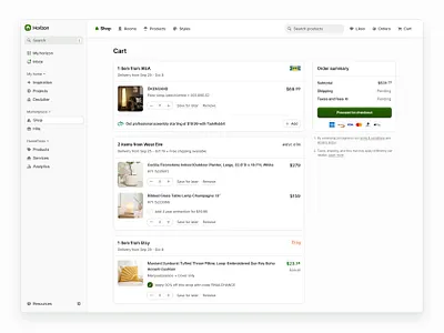 Multi-retailer cart buy card cart clean ecommerce home interior design minimal navigation product saas shopping ui upsell webapp