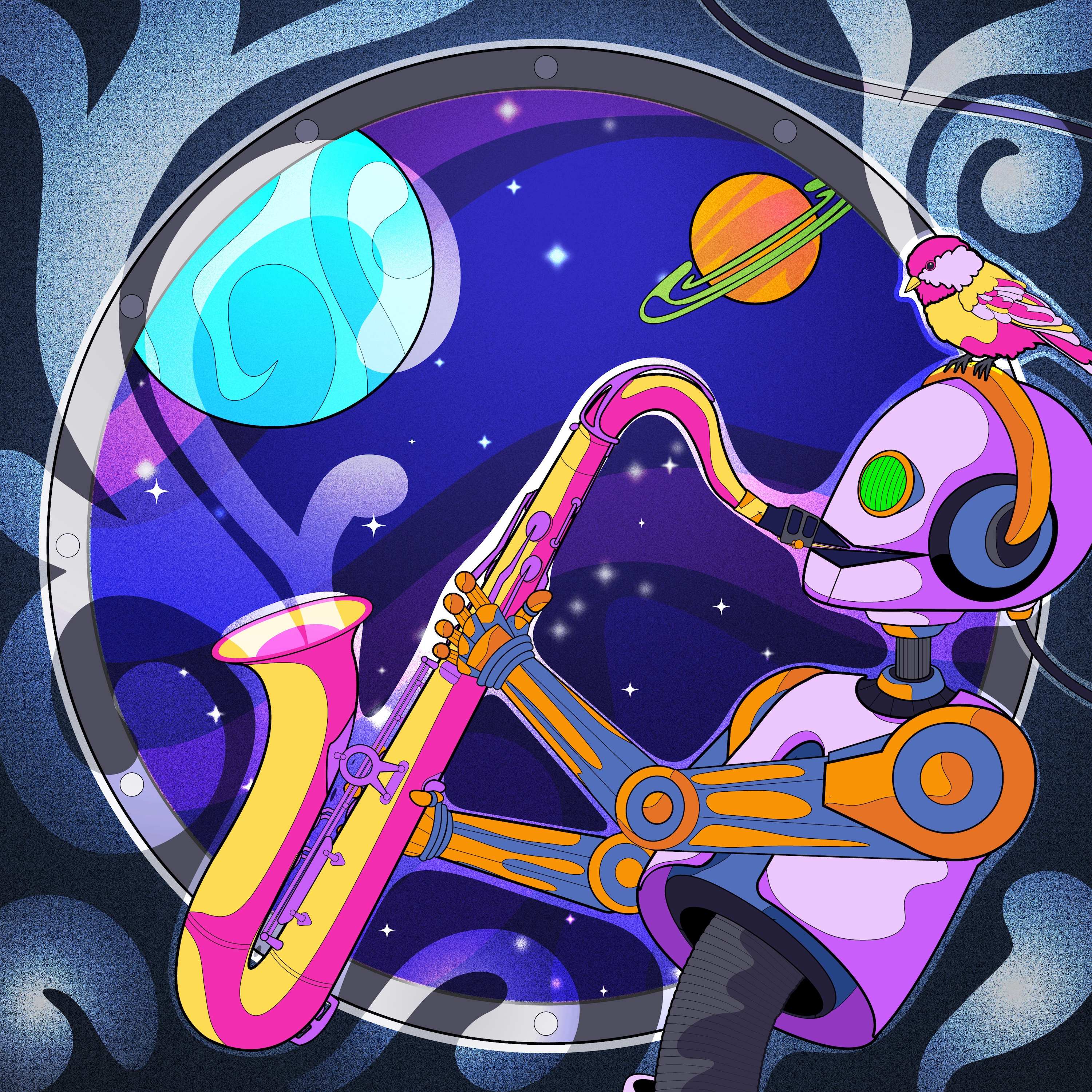 Galactic Rivers (Front Cover) 2d adobe illustrator album art bird chickadee cosmic funky galactic graphic design illustration planets porthole psychedelic robot saxophone space spaceship stars swirls