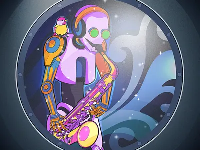Galactic Rivers (Back Cover) 2d adobe illustrator art bird chickadee graphic design illustration porthole robot saxophone space spaceship stars swirls window