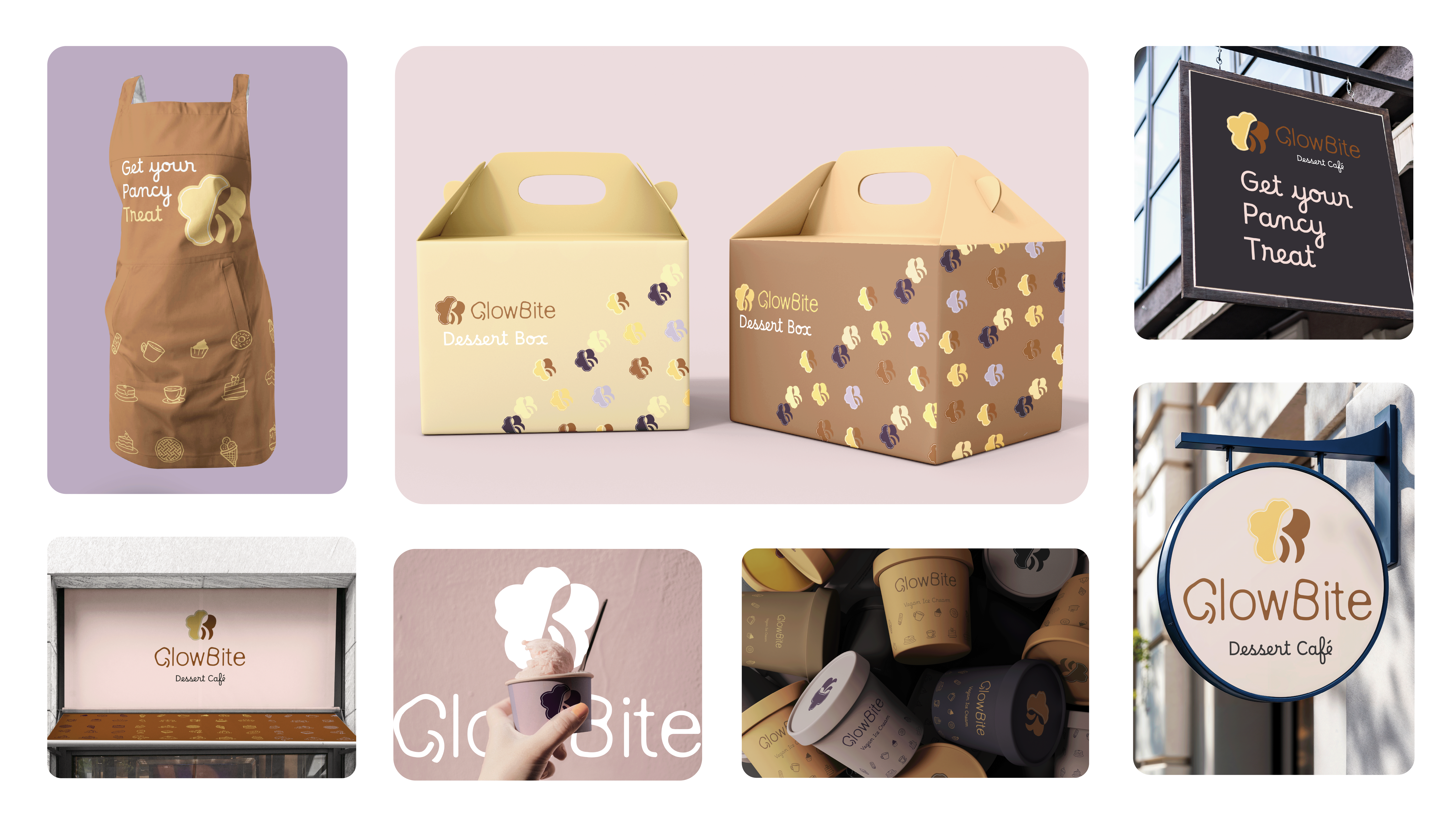 GlowBite – Plant-Based Dessert Café brand identity design branding design graphic design logo mockups pastel colors plant based cafe typography vector vegan cafe