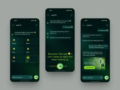 AI voice chat for the Leafcare App ai chat message app ai to challenge app ai voice chat for leafcare app anxiety app burnout solve app health app interface design journal app leafcare app meditation app mental health app mind body care app mobile design product design sleep problem app ui uigeek uigeek agency ux wellnees platfrom app