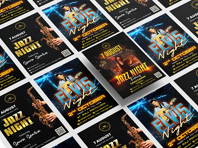 Jazz Night & Elvis Night Poster Design | Music Event Flyers band poster design club event poster concert poster design creative poster design dj party flyer elvis night poster entertainment poster event flyer design event poster design graphic design poster jazz night poster live music poster live performance poster modern event flyer music poster musical event poster night party poster party flyer print design professional flyer design