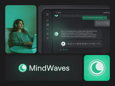 MindWaves – Branding for AI Soundscapes Generator ai brand identity branding colors concept dark generation graphic design green logo logo design soundscapes visual identity