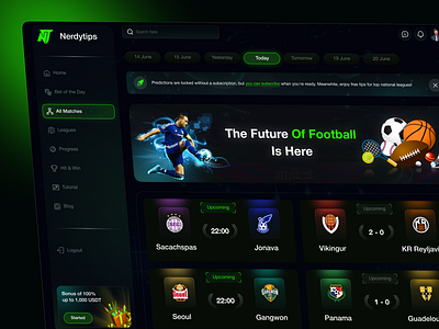 Sports Dashboard – Live Matches, Stats & Community UI Design ai analytics all matches dashboard design football app gambling ux live match live score soccer sports sports betting uiux web app web design website