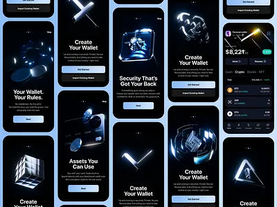 Crypto wallet mobile app design and icons 3d animation 3d art 3d icons ai agents app app design crypto finance fntech icons mobile mobile app mobile app design onboarding ui ux web3