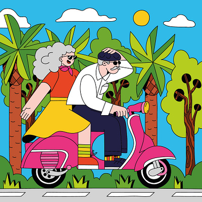 Scooter ride branding character design flat fun graphic design holidays illustration leave logo nature old old couple pensioners people scooter transport vector