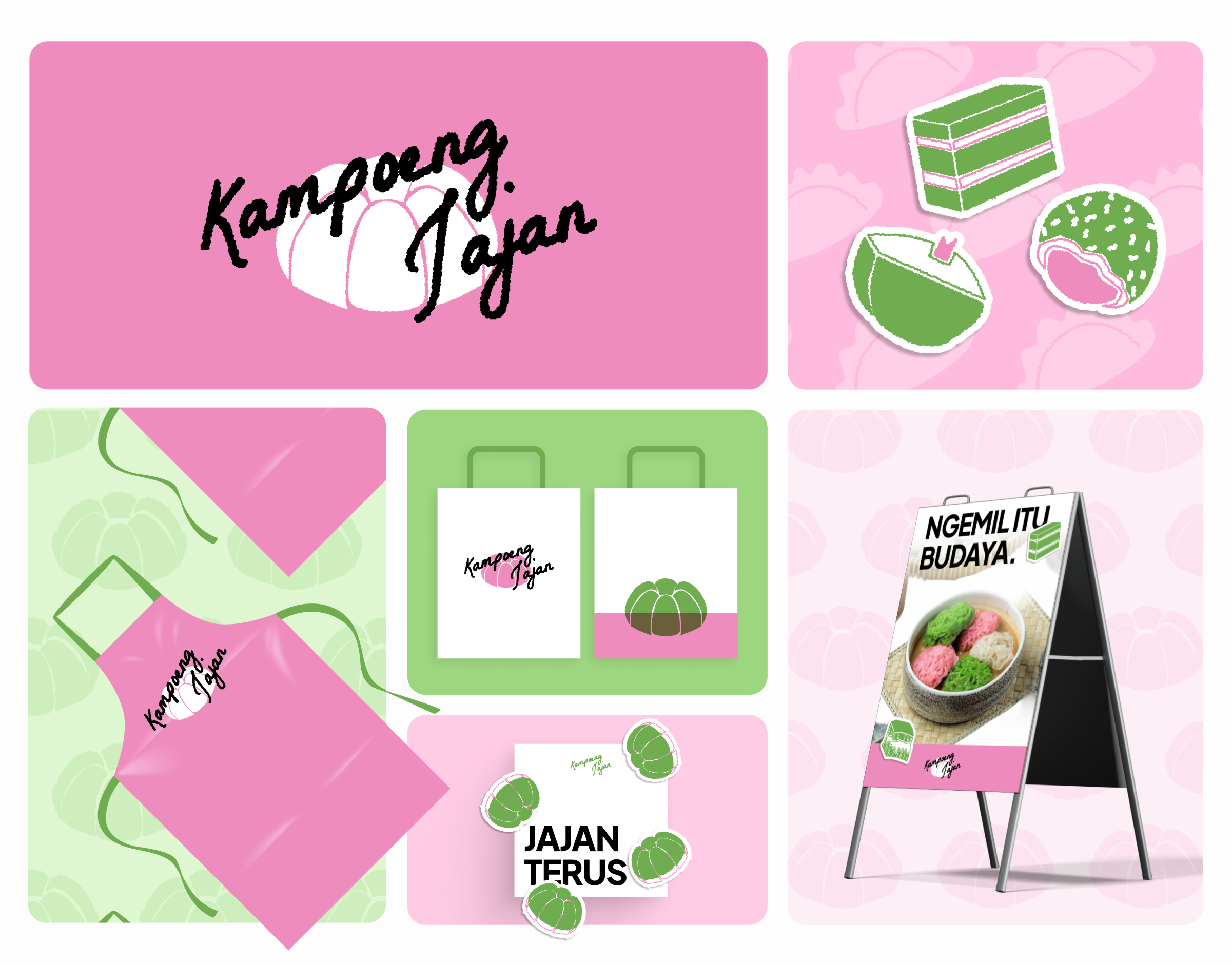 Kampoeng Jajan - Visual Identity Indonesian Traditional Snack branding design graphic design green illustration indonesian logo pink realproject snack sweets traditional ui ux vector vintage website