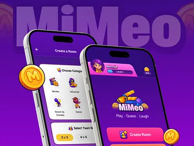 Mimeo - Play. Guess. Laugh. (Case Study) entertainment app gamification gaming app genz app genz design guess and act app interfacedesign playful ui social app ui uidesign uiuxdesign visual design
