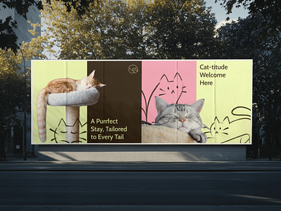 Playful Billboard Design for Purrington banner banner design billboard billboard design brand collateral branding cat cat branding cat design cat graphics cat hotel cat hotel branding cat hotel design cat illustration cat sketches colorful feline graphic design playful quirky