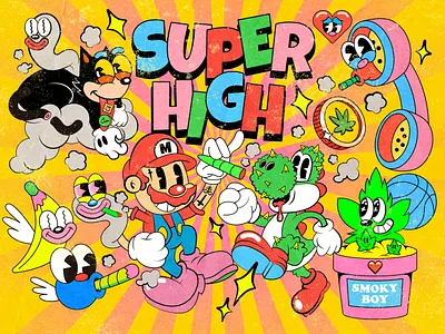 Super High 1930 1930s 420 canabis cartoon character design illustration mario old cartoon old school print smoke super mario vintage weed