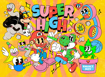 Super High 1930 1930s 420 canabis cartoon character design illustration mario old cartoon old school print smoke super mario vintage weed