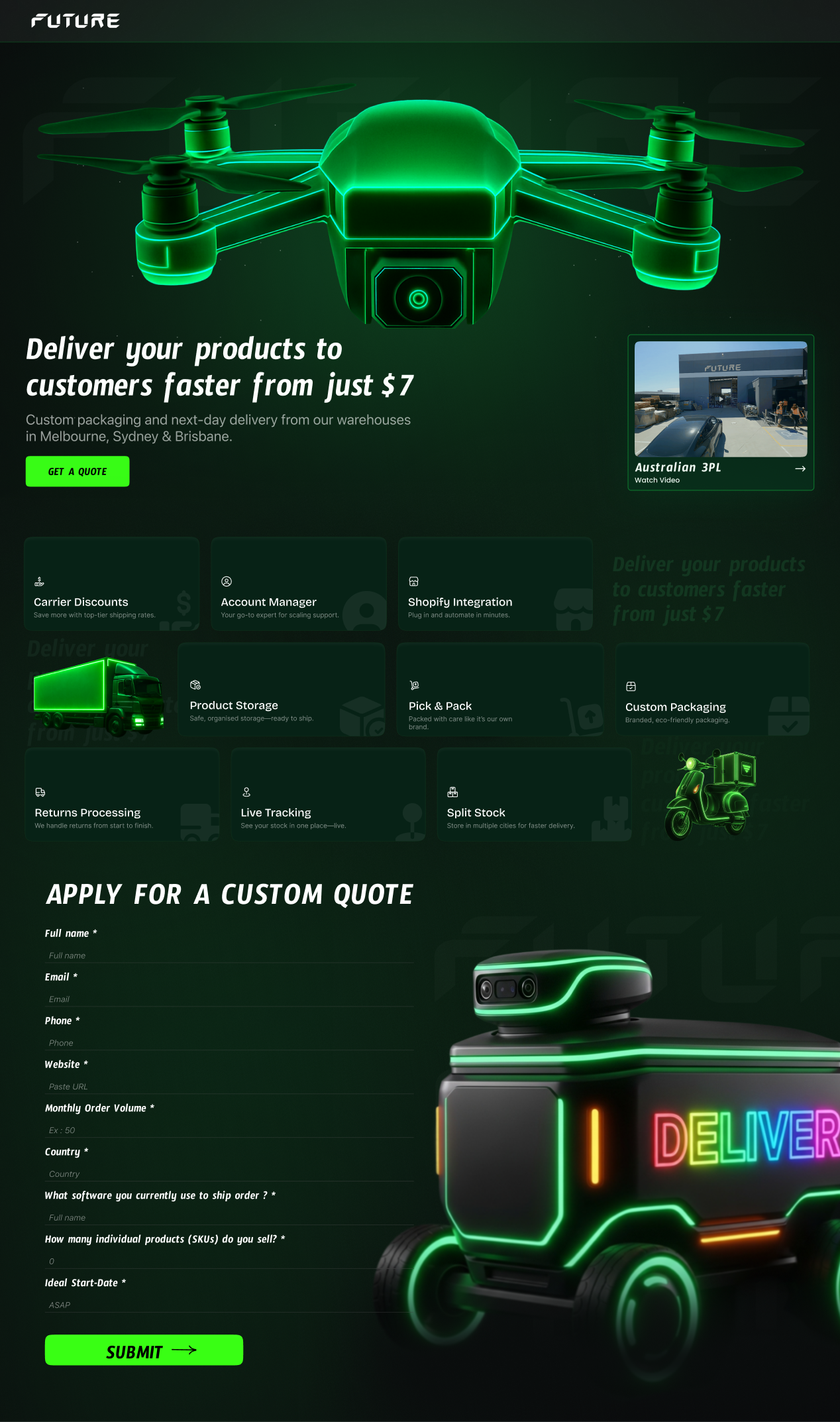 Futuristic E-Commerce Delivery Landing Page Design 3ddesign craxinno craxinnotechnologies custompackaging deliverysolutions design dronedesign ecommercedesign ecommerceux figma design futuristicdesign innovation landingpagedesign neon productpackaging techdesign ui uiuxdesign webdesign webui
