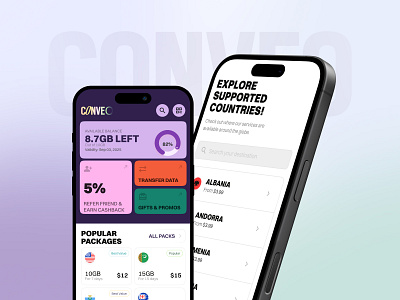 Conveo – eSIM App | Explore Popular Internet Packages app app design app ui chart clean dashboard data app digital sim esim esim app esim app design global esim homepage mobile network provider roaming app ui ui design virtual esim