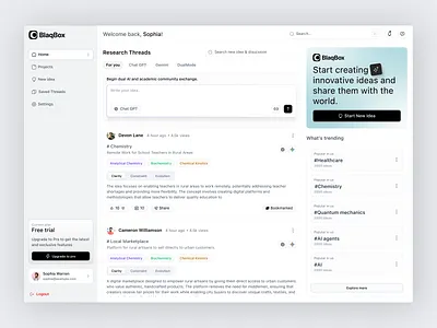 BlaqBox AI Dashboard ai card design ai platform animation branding card ui clean dashboard clean ui collaboration tool dashboard design innovation platform minimal dashboard minimal ui modern interface research dashboard sidebar navigation ui web app design web app navigation widget design