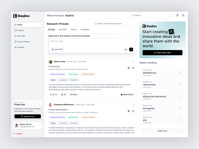 BlaqBox AI Dashboard ai card design ai platform animation branding card ui clean dashboard clean ui collaboration tool dashboard design innovation platform minimal dashboard minimal ui modern interface research dashboard sidebar navigation ui web app design web app navigation widget design