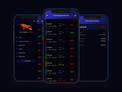 💹 Forex Signals Rocket – UI/UX Concept app blue darkmode glassui graphic design mobile ui uiux