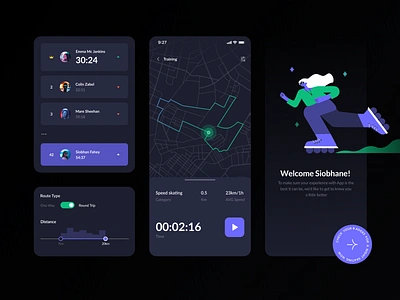 Concept app for rollerbladers app clean dark darkmode data data visualization design filter filters illustration map mobile rating roller roller blade sport stoper training ui vector