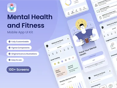 Mental Health & Fitness - UI Kit designinspiration figmauikit fitnessui healthtechdesign healthylivingapp meditationapp mentalhealthapp mindfulnessapp mobileuikit ui uidesign uikit uiux uxresources wellnessdesign wellnessui