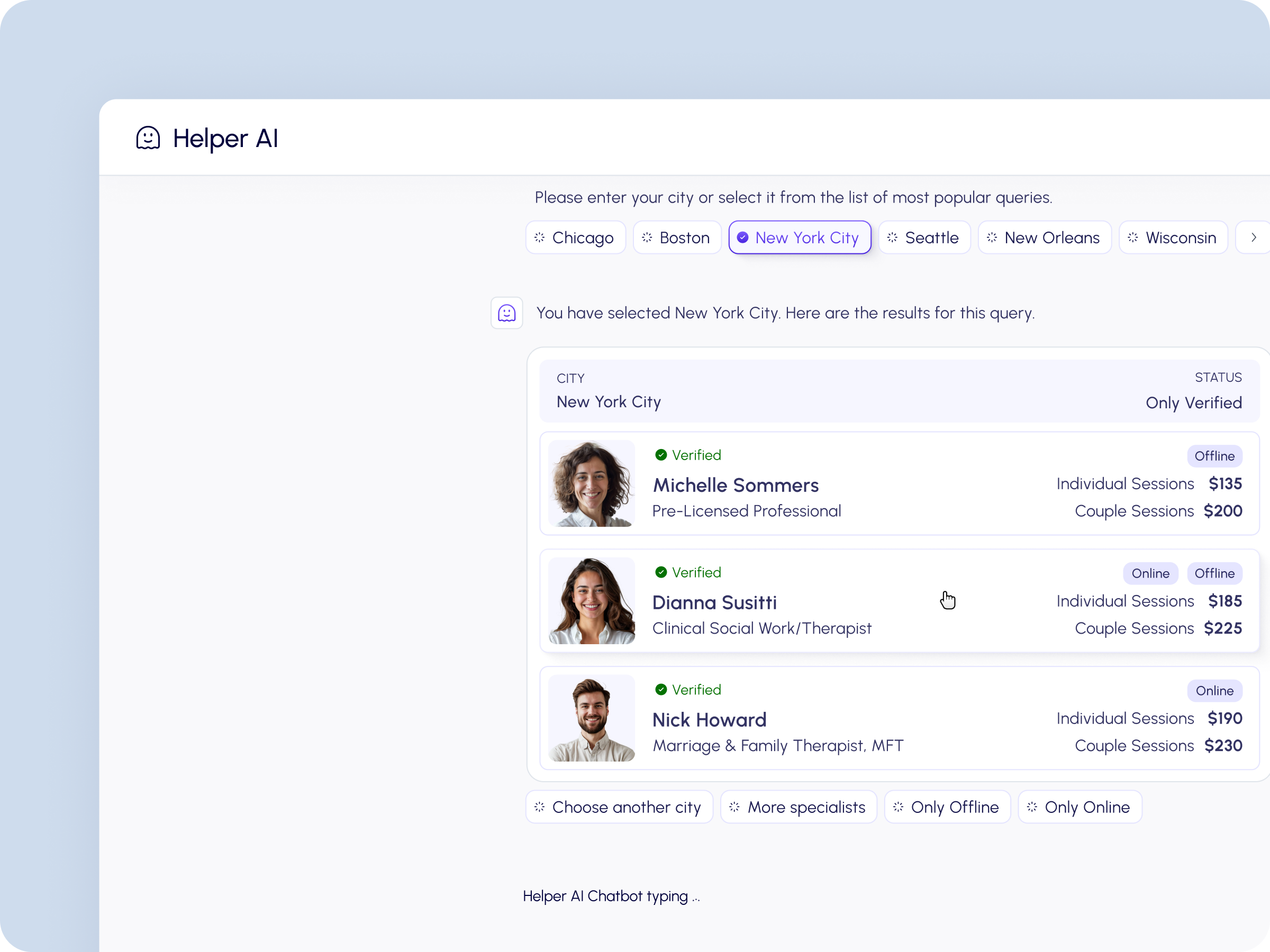 Mental health specialists directory ai mental health aiinhealthcare counselingtech digitalcounseling healthinnovation helperai mental health platform mentalhealthai mentalhealthsupport mentalwellnessonline onlinetherapy therapist booking therapistdirectory therapy marketplace verified specialists verifiedspecialists wellnessplatform