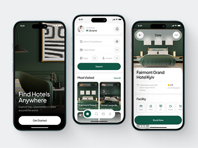 Hotel Booking Mobile App amenities apartments app book branding cards clean design fireart green list nav search ui ux