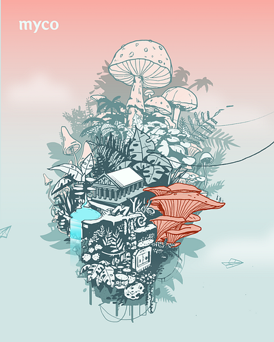 Floating mushroom worlds & tiny spirits. MYCO artwork branding design drawing graphic design handmade ill illustration logo quality vector