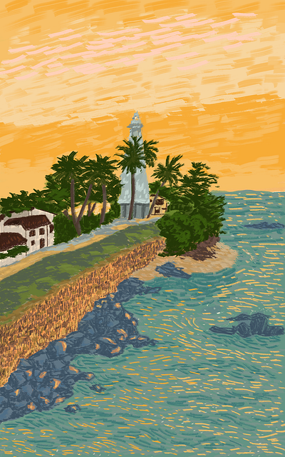 Sunset Village digital painting illustration landscape nature