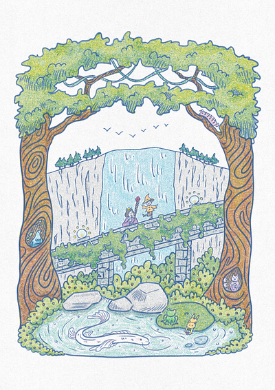 Waterfall in a Magical Forest digital painting fantasy art illustration nature riso risography