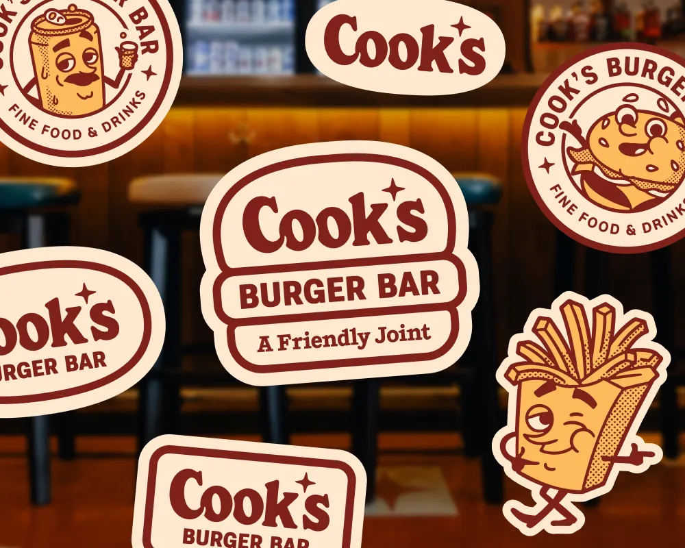 Cook's Burger Bar 50s 60s 70s adobe illustrator bar beer brand design branding burger color design food beverage fries graphic design illustration logo mascot retro design vintage