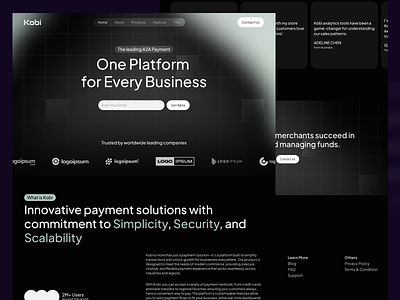 Kobi – Fintech Payment Platform Landing Page business finance digital wallet financial dashboard fintech landing page online payment gateway payment platform saas payments scalable payment system secure transactions subscription management