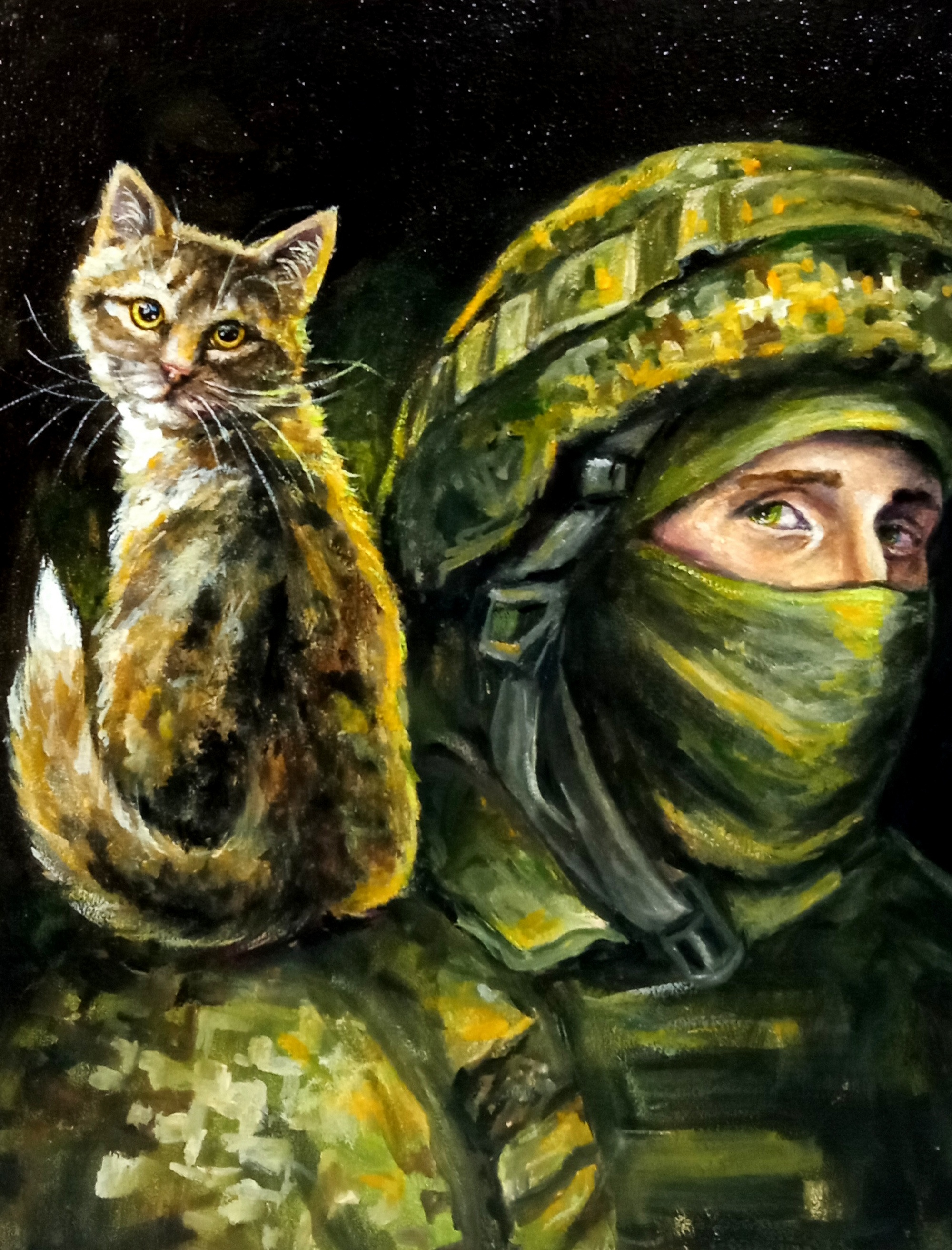 Original Painting Soldier with Cat – Ukrainian War Art, Military art cat hand painted handmade man military paint painting pet soldier ukraine war