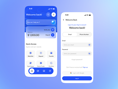 INTG Investment App: home and login screens balance crypto dashboard financial financial app fintech home screen login screen minimal ui mobile design stock ui design user centric ux design web3