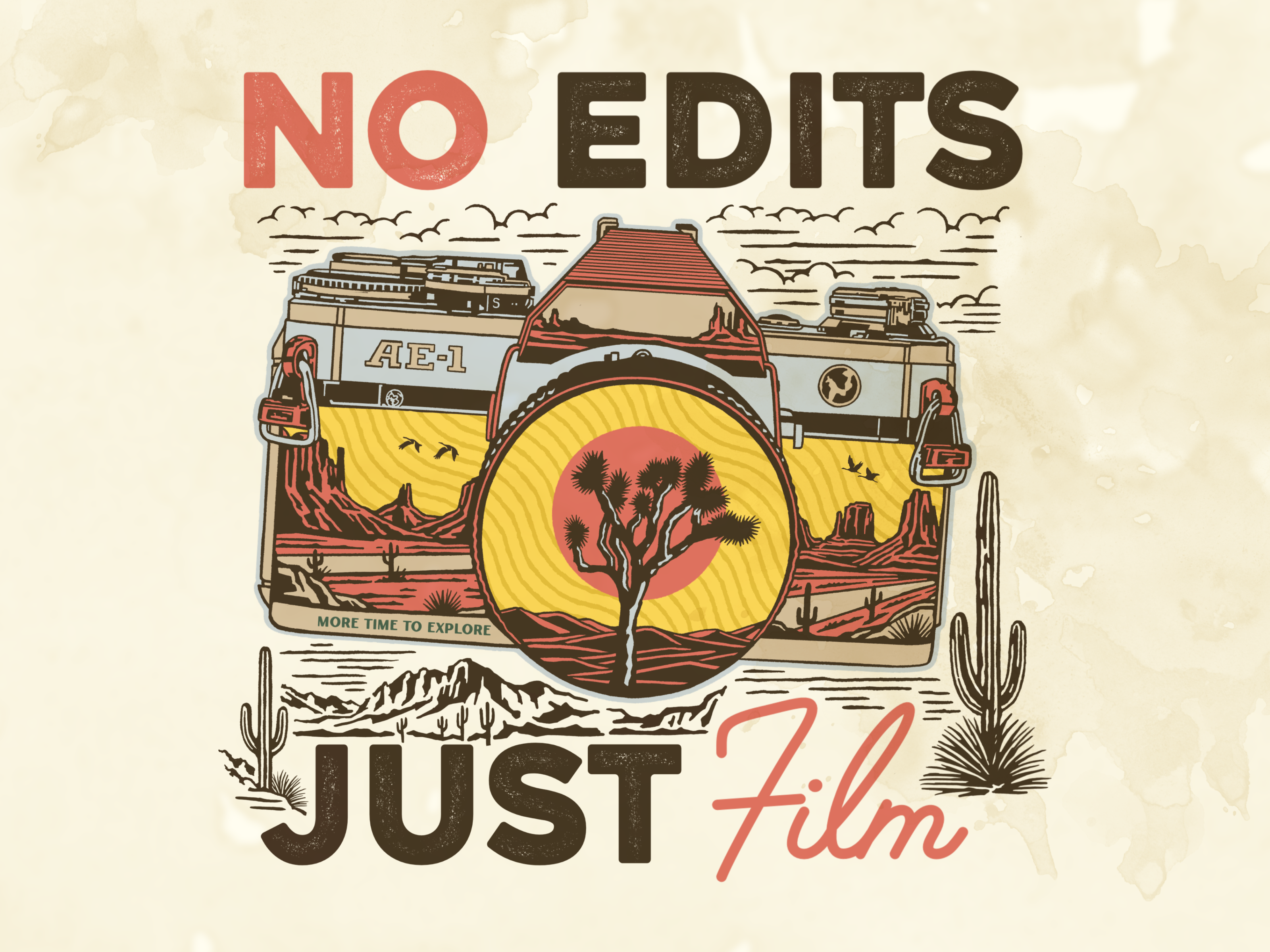 No Edit Just Film Tshirt Design apparel art branding cactus camera clothing desert design graphic design illustration illustrator lettering logo outdoor photography retro tshirtdesign typography vector vintage