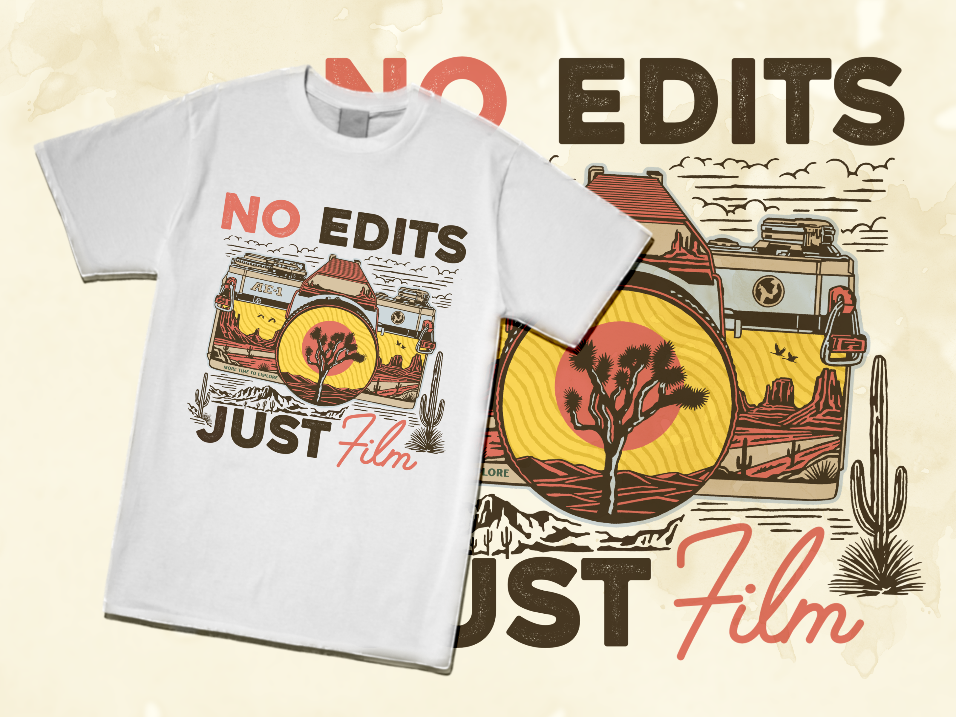 No Edit Just Film Tshirt Design apparel art branding cactus camera clothing desert design graphic design illustration illustrator lettering logo outdoor photography retro tshirtdesign typography vector vintage