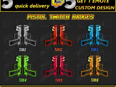 Pistol Twitch Sub Badges Pack 6 Tiers Custom Gun Design bits cute badges emotes graphic design pistol sub badges sub badges twitch twitch graphic
