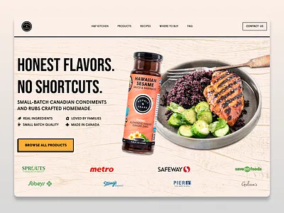 Humble & Frank Foods Website Landing Page Hero Section Design b2c bottle brand branding condiments drink eat food grocery hungry landing page meal restaurant sauce shop snack store tasty web design website