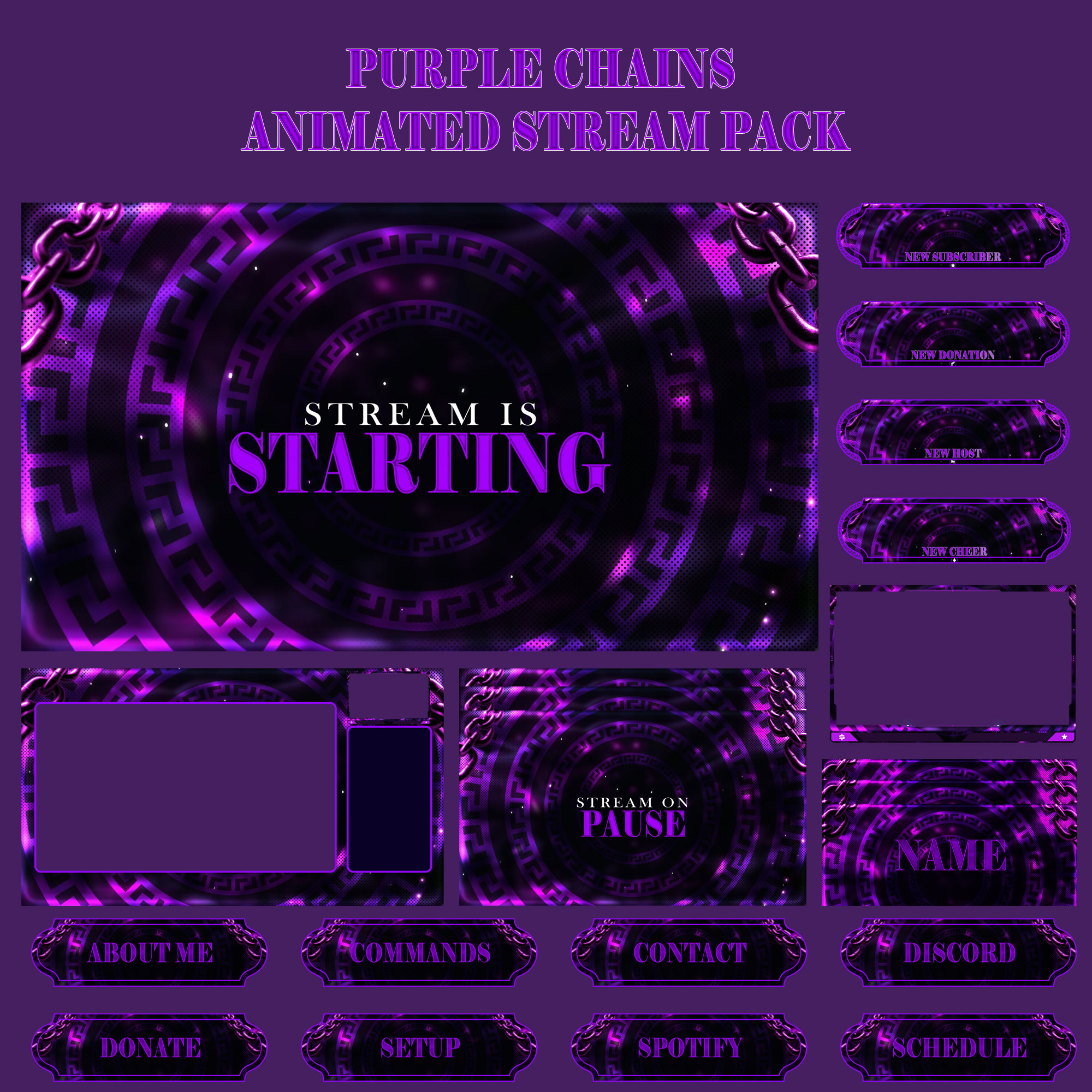 Purple Chains Animated Stream Package: For Twitch Overlay kick animated pack stream animated screens banner branding design illustration kick overlay kick screens kick stream animated overlay overlay overlay stream pack stream overlay stinger transition stream stream design stream overlay stream pack twitch
