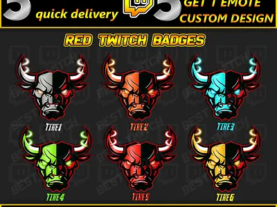 Red Twitch Sub Badges Pack (6 Tiers) Custom Bull Design Instant bit badges bits emotes graphic design logo motion graphics twitch