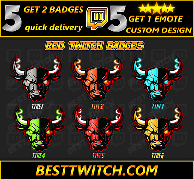 Red Twitch Sub Badges Pack (6 Tiers) Custom Bull Design Instant bit badges bits emotes graphic design logo motion graphics twitch