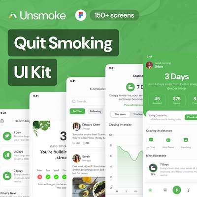 Unsmoke - Quit Smoking & Wellness Mobile UI Kit community figma mobile chart ui mobile ui kit quit smoking social media ui kit wellness