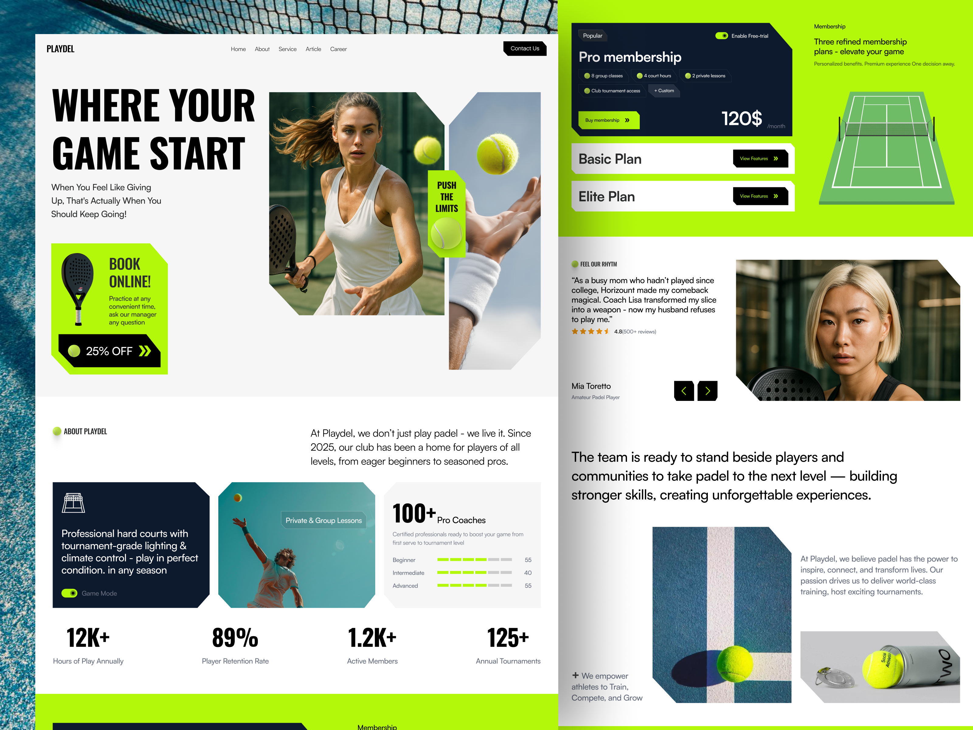 Playdel - Padel Club Landing Page club landing page coaching company comunity connect people course design ecommerce event minimalist padel club padel website sport sport brand sport ecommerce ui