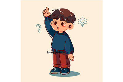 Cartoon Boy Raising His Hand ask asking attention cartoon character collage curious data education find hunt kids marks observation observe people question questionmark scavenger search