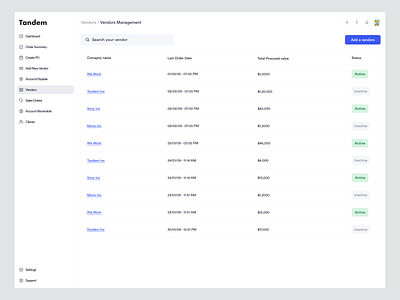 Vendor products list account receivable add new vendor buyer dashboard design buying selling platform create purchase order create purchase orders order summary product design recent purchase orders seller dashboard design supplier dashboard total invoice total sales vendor management web app design
