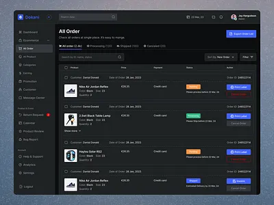 All Order Page - E-commerce Dashboard Design (Dark Mood) 🛍️ all order page app design branding clean dark mood dark veersion dashboard design design design agency e commerce dashboard e commerce design illustration minimal ui ui ux designer ux ux design