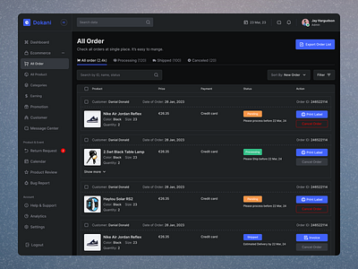 All Order Page - E-commerce Dashboard Design (Dark Mood) 🛍️ all order page app design branding clean dark mood dark veersion dashboard design design design agency e commerce dashboard e commerce design illustration minimal ui ui ux designer ux ux design
